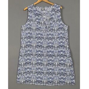 Kenar Women Blue White Paisley Print 100% Linen Sleeveless V-Neck Shift Dress XL